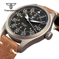 Tandorio Titanium Pilot Style 39mm 200m Men's Automatic Dive Watch Luminous NH35 PT5000 Sapphire Glass Screw Crown Leather 20Bar