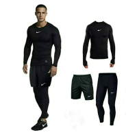 Stelan Olahraga Pria Manset Lengan Panjang Celana Pendek dan Legging Panjang Baju Sports