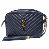 【二手名牌BRAND OFF】SAINT LAURENT YSL 聖羅蘭 藍色 牛皮 山形紋 牛皮 流蘇 相機包 肩背包