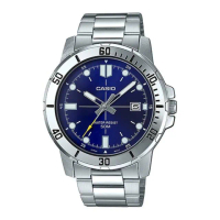 【CASIO 卡西歐】MTP-VD01D-2EV 休閒時尚 紳士 藍色錶面 不鏽鋼 腕錶 手錶(夜光指針 帶日期)