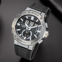 DISKON Dziner Jam Tangan Pria 8279 Rubber Double Time Water Resistant 3 ATM Kaca Stainless