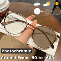 Photochromic Myopia Glasses for Women Men Vintage Round Anti Blue Light Glasses Ultralight Finished Optical Eyewear 0 To -600