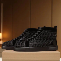 Luxury Designer High Tops Black Trainers For Men Red Bottoms Rivets Sneakers Women Nightclub Flash Couple Party Shoes Size 35-48