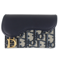 Dior SADDLE 藍色緹花布皮革翻蓋名片/卡片短夾