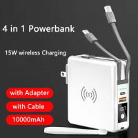 4 in 1 Wireless Charger Power Bank 10000mAh for iPhone 14 Huawei Xiaomi Samsung PD18W Fast Charging Powerbank with Cable AC Plug