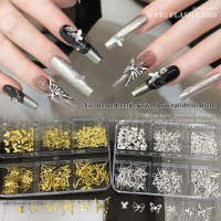 6 grid Metal Bow Hollow daripada Nail Art Charm emas perak 3D Nail Rivet Nail hiasan bahagian DIY Ma