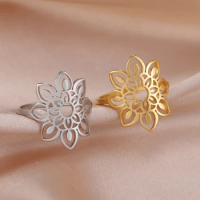 Cazador Aesthetic Filigree Flower Lotus Rings for Women Gold Color Bohemian Ring Wedding Engagement Stainless Steel Jewelry Gift