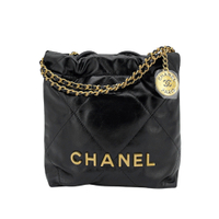 Chanel 22 Mini Bag 仿舊金logo菱格縫線小牛皮斜背包(AS3980-黑)