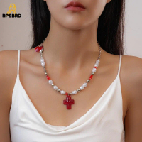 [พร้อมส่ง] RP5BRD จิวเวลรี่ สร้อยคอไม้กางเขน หินประดับ คริสตัลรูปหัวใจรัก สร้อยคอแบบไขว้ วินเทจ แดง 