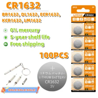 100PCS 125mAh CR1632 Button cell 1632 ECR1632 DL1632 BR1632 3V Lithium Battery for Watch Clock Remote Control Button Coin Cell