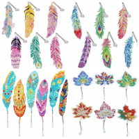 6pcs/set DIY Diamond Painting Bookmarks Feather PET Material with Crystal Pendants for Books Notes Diamond Art Feather Bookmarks