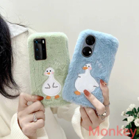 Cute Cartoon Duck Fluffy Soft Plush Phone Case For Huawei Y9S Nova 3I 5T P50 P40 P30 P20 P10 Mate20 Winter Warm Furry Back Cover