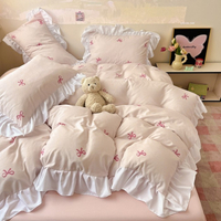 4IN1 Soft Cotton Bedding Set INS Style Korean Lace Ruffles Bed Sheet Sets Cartoon Cute Duvet Cover f