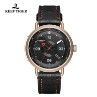 Reef Tiger/RT New Design Simple Watch Men Leather Strap Rose Gold Waterproof Military Watches Automatic Watches RGA9055