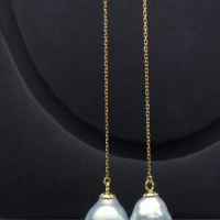 free shipiing South Sea Cultured Pearl Long Drop Earrings Dangle 18K Yellow Gold 10-12mm