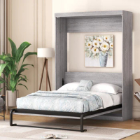 Full Size Murphy Bed, can be Folded into a Cabinet, Space-saving,No Spring Box Needed,Solid Frame, folding design,Gray