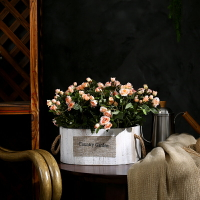 仿真花小花束森系小木桶花盆家居室內客廳餐廳擺件粉色迷你玫瑰