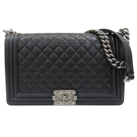 【二手名牌BRAND OFF】CHANEL 香奈兒 黑色 牛皮 菱格紋 荔枝紋 Boy 28 鍊帶 肩背包 銀扣