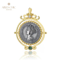 Sabina Greek Silver Coins Charm Natural Agate 18K Gold Two Tone Solid 925 Silver Roman Coin Crown Pendant Only N1015