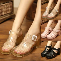 Women Jelly Shoes Summer Women Sandals Square High Heels Transparent Platform Sandal Lady Bling Silver Jelly Sandalias Mujer