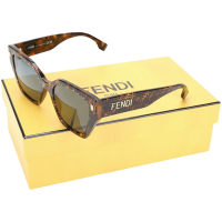 FENDI Bold FF Havana 貓眼型藍鏡片咖啡老花琥珀紋太陽眼鏡(低鼻樑版型)