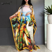 WINYI summer comfortable silk feeling Elegant Fashion evening tassels dress Women Print abaya Middle East Female loose kaftan