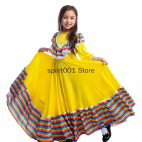 3-10 Y Girls Traditional Folk Mexican Lace Dress Guadalajara Mexico Folk Dancer Costume 3 Colors Kids Children Fancy Long Dress