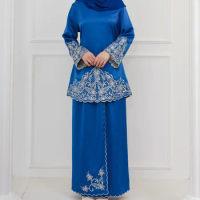 Women Spring Embroidery Muslim Sets Long Sleeve Turkish Tops Skirts Abaya Solid Islamic Clothing 2PCS Baju Kurung Malaysia Set