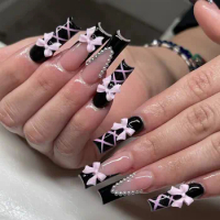 24pcs Long Water Pipe Fake Nails y2k Press On Nails Tips Wearable Black French False Nails Cross Bow Pearl Decoration Full Cover
