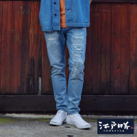 【EDWIN】江戶勝 男裝 貼布經典直筒牛仔褲(拔淺藍)