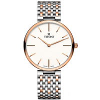 TITONI 梅花錶 官方授權 纖薄系列 經典白面玫瑰金間金鍊帶錶款-男錶(TQ52718 SRG-606)37mm