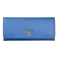 【二手名牌BRAND OFF】PRADA 普拉達 藍色 牛皮 扣式 長夾