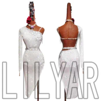 New Latin Dance, Latin Dress, Competition, Performance Costume. White Slim-Fit Flash Diamond Sexy Dance Dress