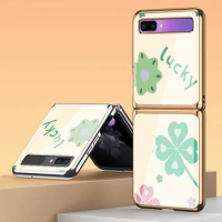 Z Flip 3 Funda Case for Samsung Galaxy Z Flip 3 Z Fold 3 Lucky Clover Tempered Glass Shell Coque Protection Phone Case Cover