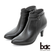 【bac】簡約尖頭金屬裝飾釦高跟短靴-黑色