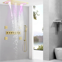 Bathroom Multifunctional LED Shower Head Matte Brushed Gold Thermostatic Embedded Ceiling Shower Faucet Set