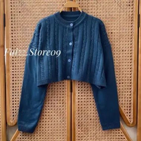 Carmee Cardy Kancing - Caridigan Crop Motif Cable Atasan Rajut Wanita kekinian lengan panjang Denim