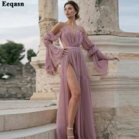 Eeqasn Unique Nude Tulle Chiffon Evening Party Gowns Long Flared Sleeves Sexy Evening Dresses Gowns Slit Pleated Women Prom Gown