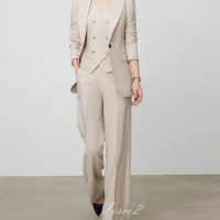Tesco Women Elegant Suit Long Sleeve Blazer+Straight Leg Pants+Vest 3 Piece Senior Outfits For Work Party Female Pant Sets 2024