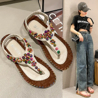 Women's Sandals 2023 New Summer Bohemian Flip-Flop Flat Sandals Women's Beaded Beach Shoes Wholesale