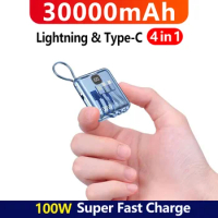 30000mah Portable Power Bank PD100W Detachable USB to TYPE C Cable 4 in 1 Mini Power Bank Fast Charger for iPhone Xiaomi Samsung