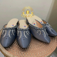 Sendal selop pengantin warna denim payet silver Shoes