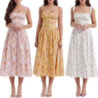 hirigin Women Summer Y2k Fairy Wrap Long Dresses Low Cut Sleeveless Midi Dress Square Neck Lace Trim Spaghetti Strap Sundress