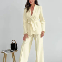 Tesco French Women's Suit White Blazer And Wide Leg Trousers Shawl Collar Lace Up Jacket Pantsuit Elegant Lady Outfits 2 Piece