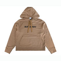 【BURBERRY 巴寶莉】BURBERRY簡約壓印黑字LOGO棉質長袖抽繩連帽T恤(女款/駝棕)
