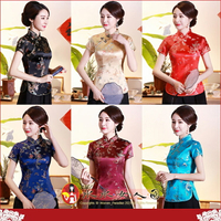 氣質龍鳳刺繡短袖唐裝上衣中國風絲綢旗袍式傳統中式服飾唐風衣服-六色可選-水水女人國