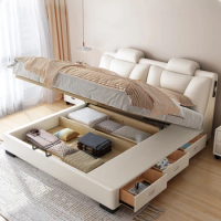 Nordic King Size Double Bed Storage Wood Elegant Light Luxury Leather Bed Queen Size Loft Cama De Casal Furniture Home