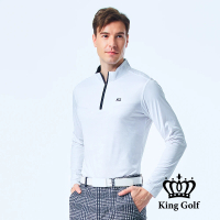 【KING GOLF】男款薄款立領拉鍊半截迷彩KG印花長袖POLO衫/高爾夫球衫(白色)