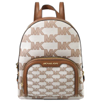 【Michael Kors】新版MK LOGO印花前口袋雙層手提旅用包後背包(米/咖 中)