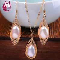 Women Pearl Set 100% Real 925 sterling silver 14k gold plated Irregular Baroque Pearl Necklace Pendant Drop Earing jewelry S8